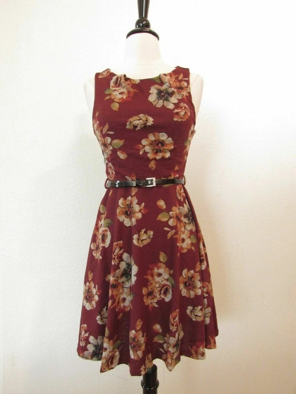 Floral Fit-and-Flare Dress in Burgundy